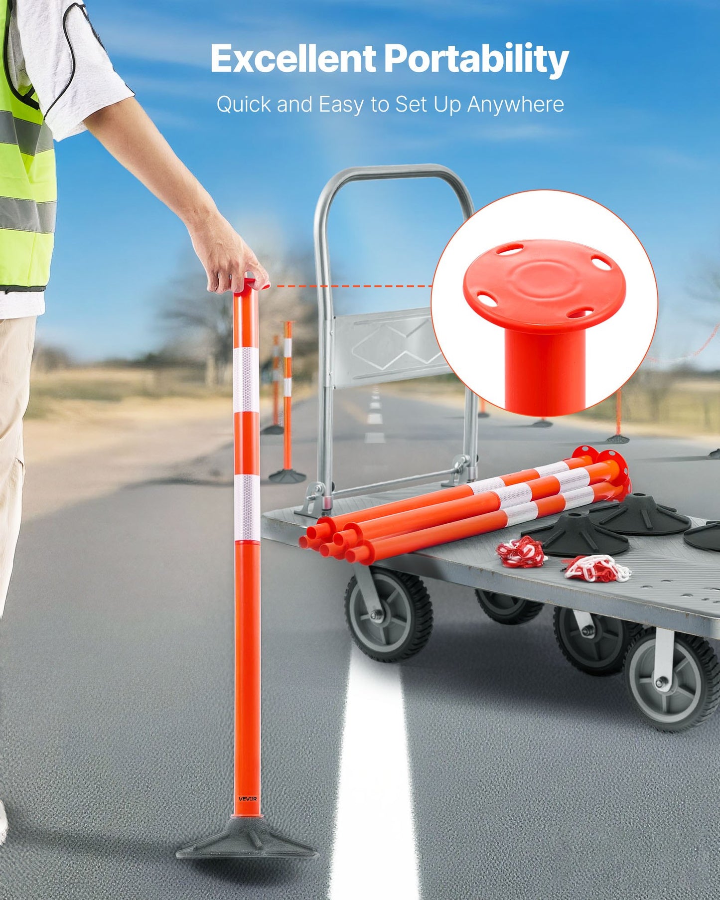 2 Pack Traffic Delineator Posts, 871 mm Traffic Safety Cones with Weighted Base, Reflective Strips and Chain, Heavy Duty Delineator Posts for Construction Site, Parking Lot, Crowd Control, Red