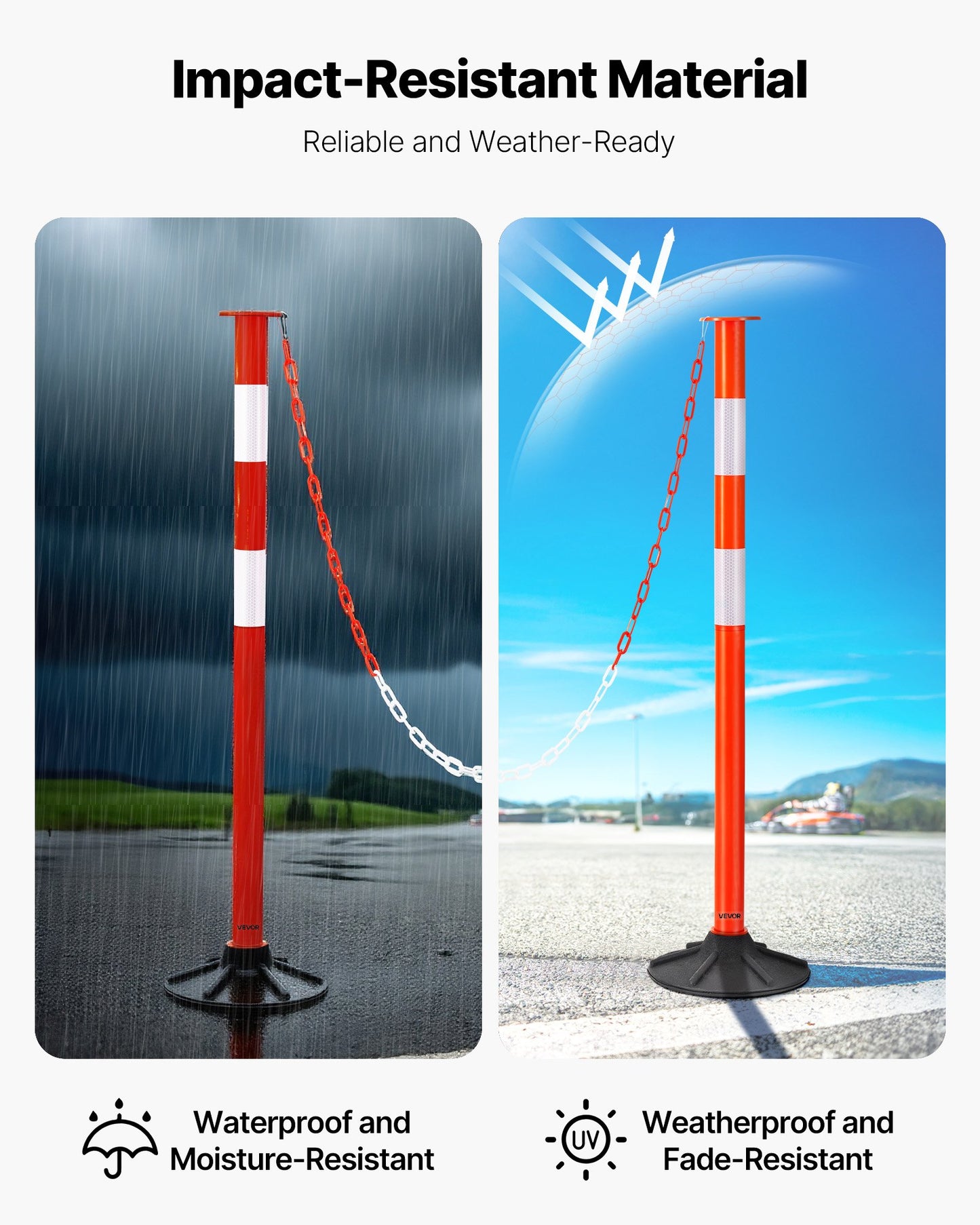 2 Pack Traffic Delineator Posts, 871 mm Traffic Safety Cones with Weighted Base, Reflective Strips and Chain, Heavy Duty Delineator Posts for Construction Site, Parking Lot, Crowd Control, Red