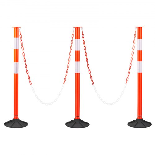 3 Pack Traffic Delineator Posts, 871 mm Traffic Safety Cones with Weighted Base, Reflective Strips and Chain, Heavy Duty Delineator Posts for Construction Site, Parking Lot, Crowd Control, Red