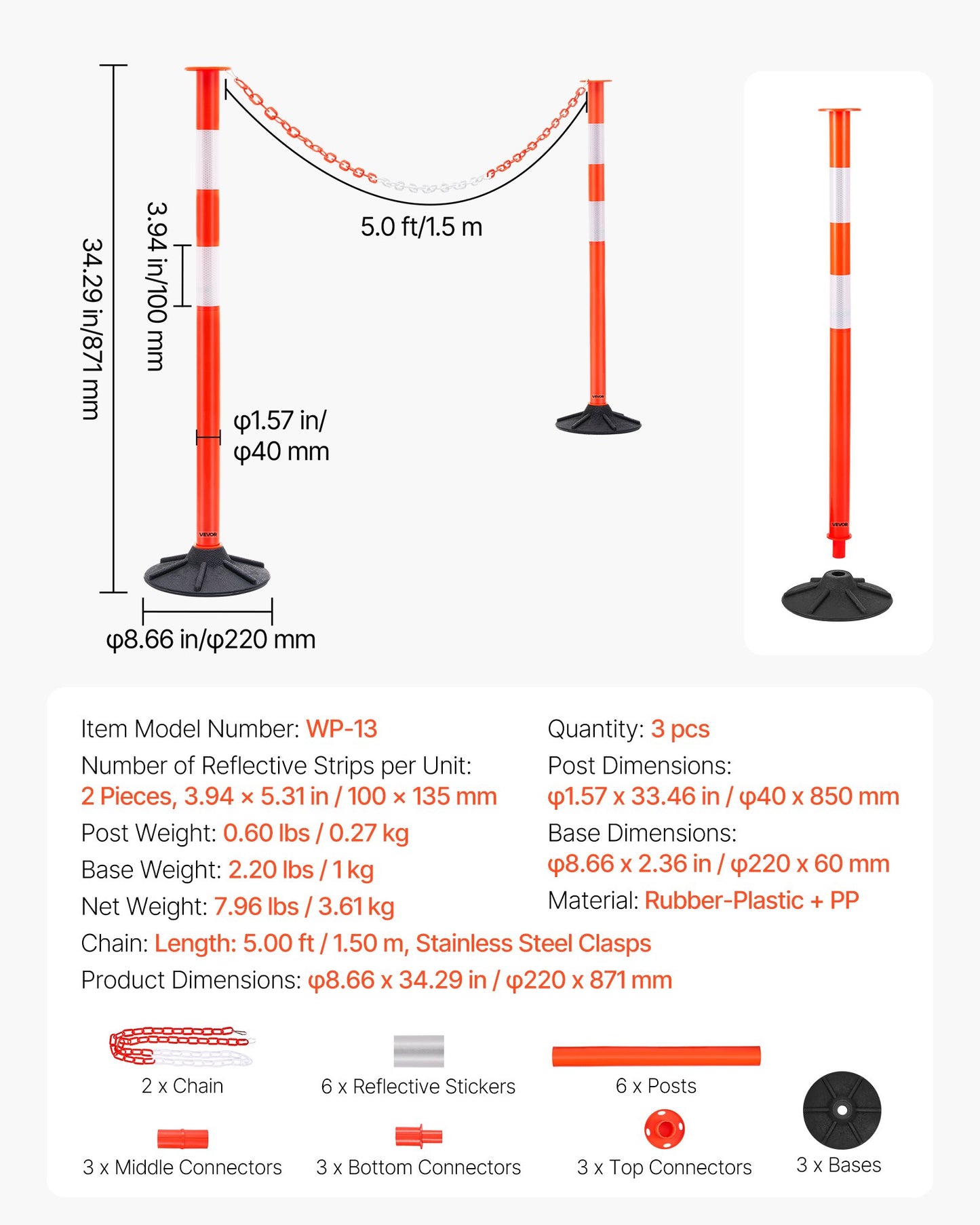 3 Pack Traffic Delineator Posts, 871 mm Traffic Safety Cones with Weighted Base, Reflective Strips and Chain, Heavy Duty Delineator Posts for Construction Site, Parking Lot, Crowd Control, Red