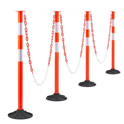 4 Pack Traffic Delineator Posts, 871 mm Traffic Safety Cones with Weighted Base, Reflective Strips and Chain, Heavy Duty Delineator Posts for Construction Site, Parking Lot, Crowd Control, Red