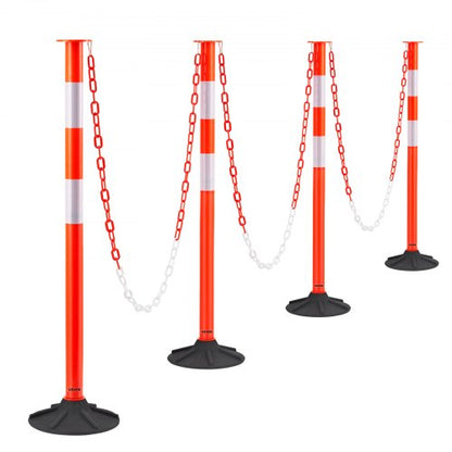 4 Pack Traffic Delineator Posts, 871 mm Traffic Safety Cones with Weighted Base, Reflective Strips and Chain, Heavy Duty Delineator Posts for Construction Site, Parking Lot, Crowd Control, Red