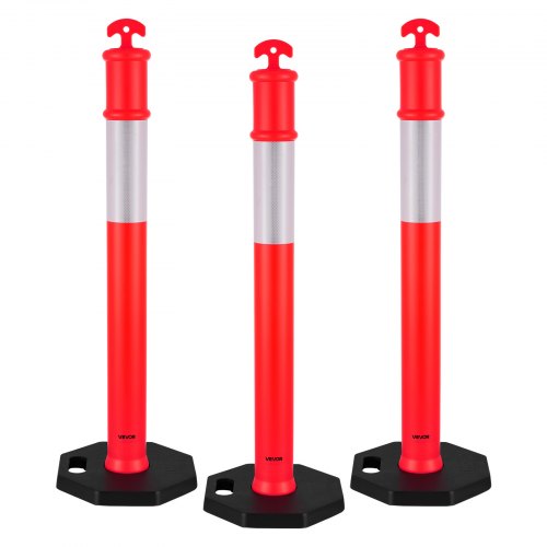 3 Pack Traffic Delineator Posts, 1140 mm Traffic Safety Cones with Weighted Base and Reflective Strips, Heavy Duty Delineator Posts for Construction Site, Parking Lot, Crowd Control, Red
