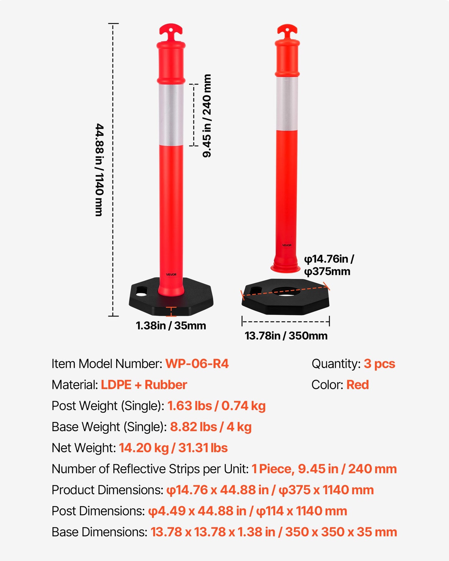 3 Pack Traffic Delineator Posts, 1140 mm Traffic Safety Cones with Weighted Base and Reflective Strips, Heavy Duty Delineator Posts for Construction Site, Parking Lot, Crowd Control, Red