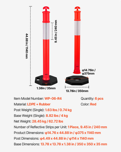 6 Pack Traffic Delineator Posts, 1140 mm Traffic Safety Cones with Weighted Base and Reflective Strips, Heavy Duty Delineator Posts for Construction Site, Parking Lot, Crowd Control, Red