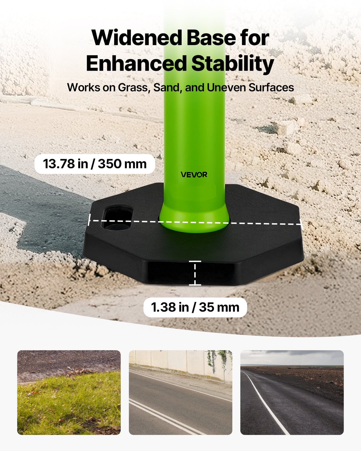 3-pack trafikavgränsningsstolpar, 1140 mm trafiksäkerhetskoner med viktad bas och reflexremsor, kraftiga avgränsningsstolpar för byggarbetsplatser, parkeringsplatser, trängselkontroll, gröna