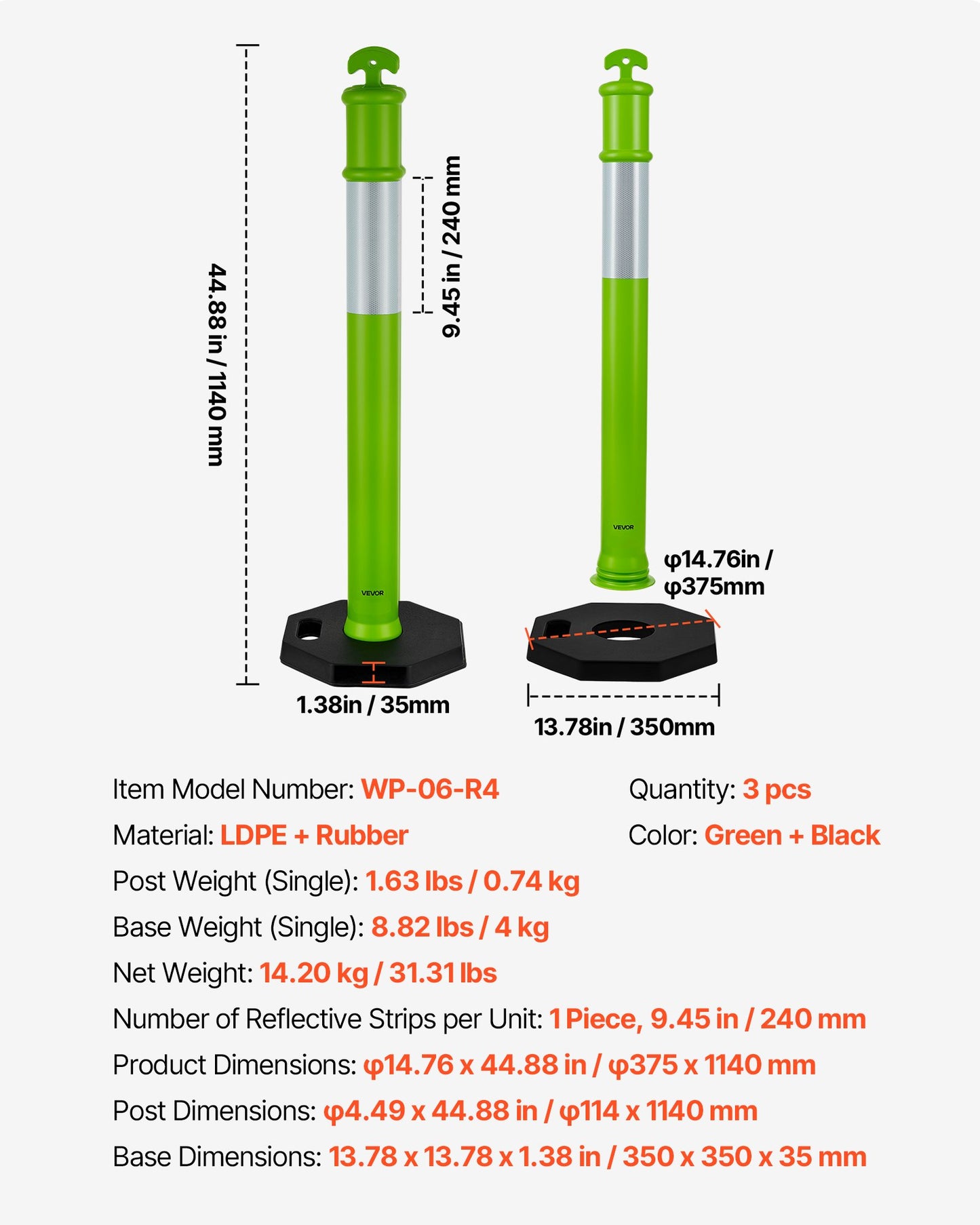 3-pack trafikavgränsningsstolpar, 1140 mm trafiksäkerhetskoner med viktad bas och reflexremsor, kraftiga avgränsningsstolpar för byggarbetsplatser, parkeringsplatser, trängselkontroll, gröna