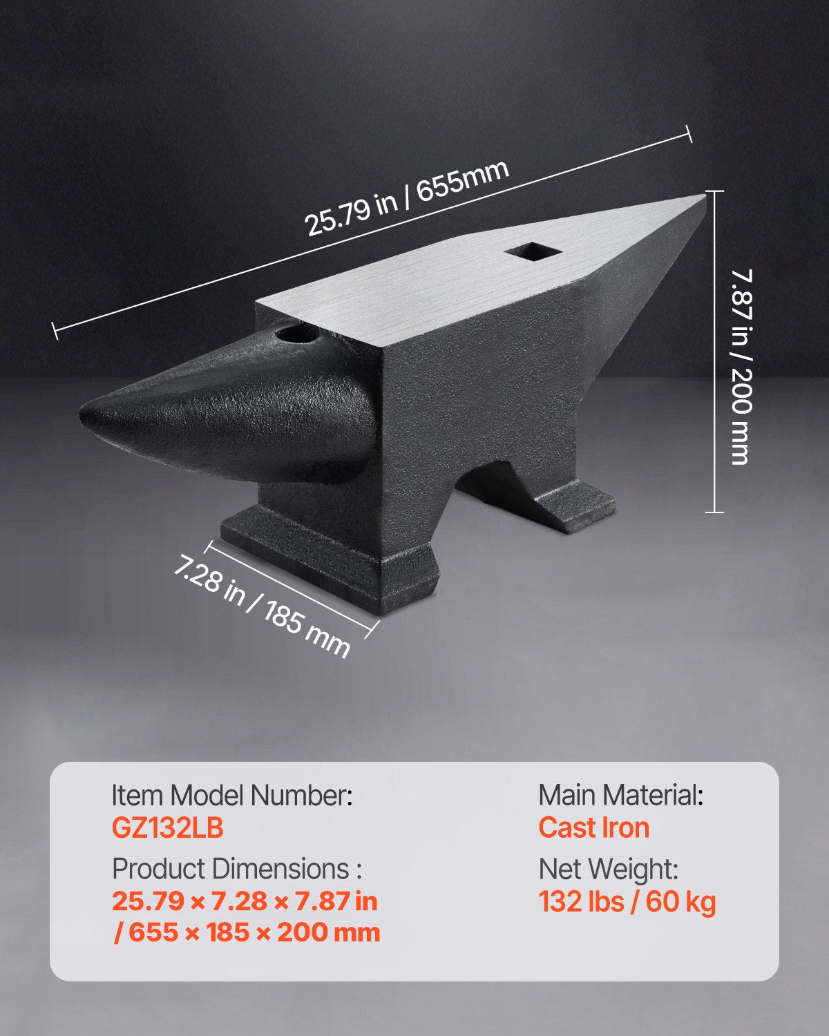 Cast Steel Anvil, 132 Lbs(60kg) Single Horn Anvil with Large Countertop and Stable Base, High Hardness Rugged Round Horn Anvil Blacksmith, for Bending, Shaping