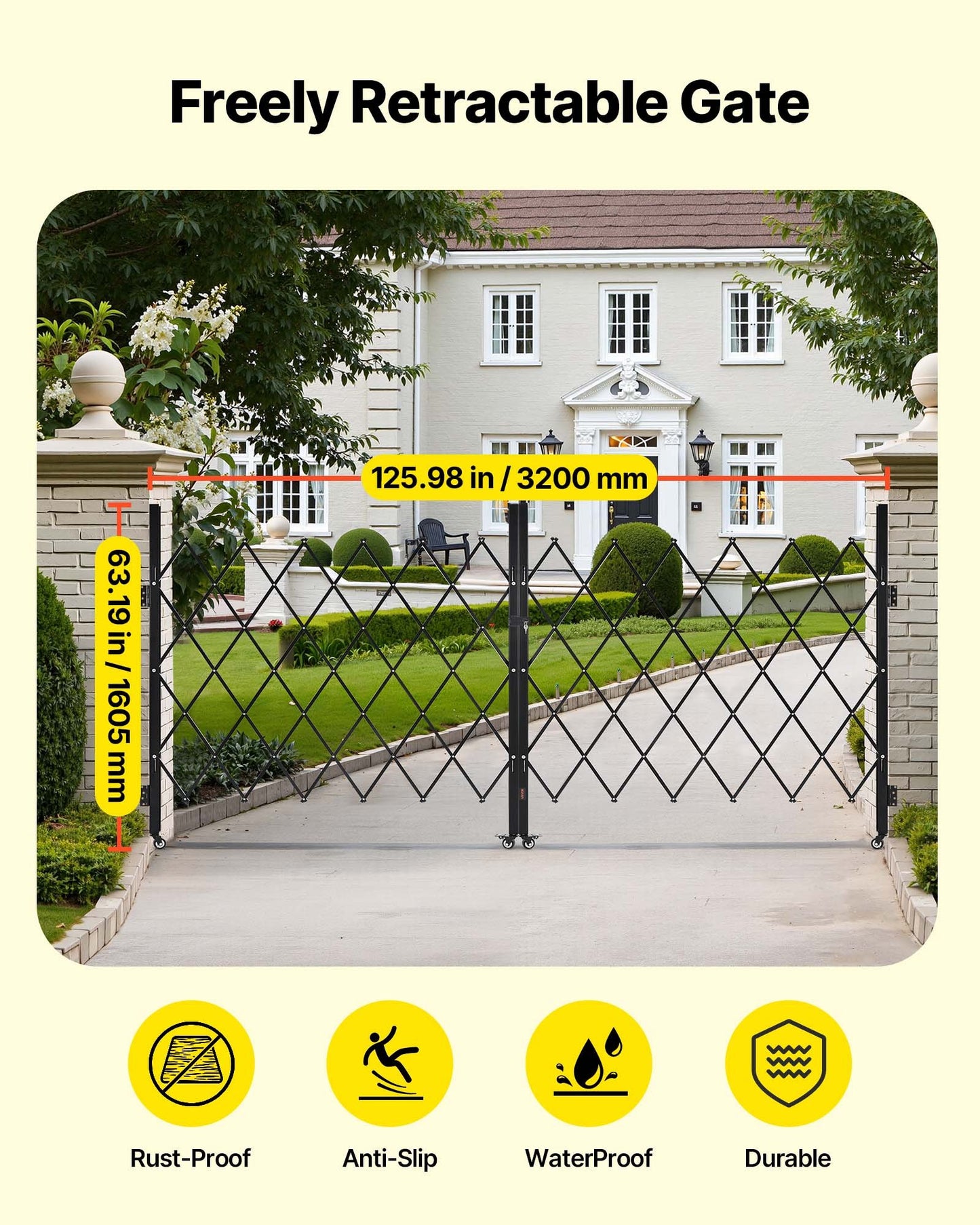 Double Folding Security Gate, Lockable Scissor Gate with 360° Swivel Casters, Outdoor Barricade Steel Retractable Gates, for Entry Security, Garage, Warehouse &amp; Pool, 320 × 160.5 cm (W × H)