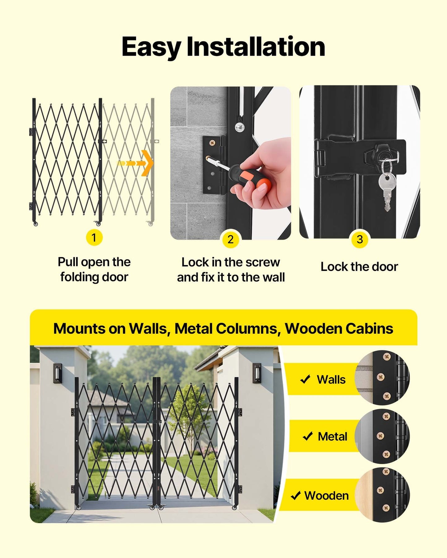Double Folding Security Gate, Lockable Scissor Gate with 360° Swivel Casters, Outdoor Barricade Steel Retractable Gates, for Entry Security, Garage, Warehouse &amp; Pool, 320 × 160.5 cm (W × H)
