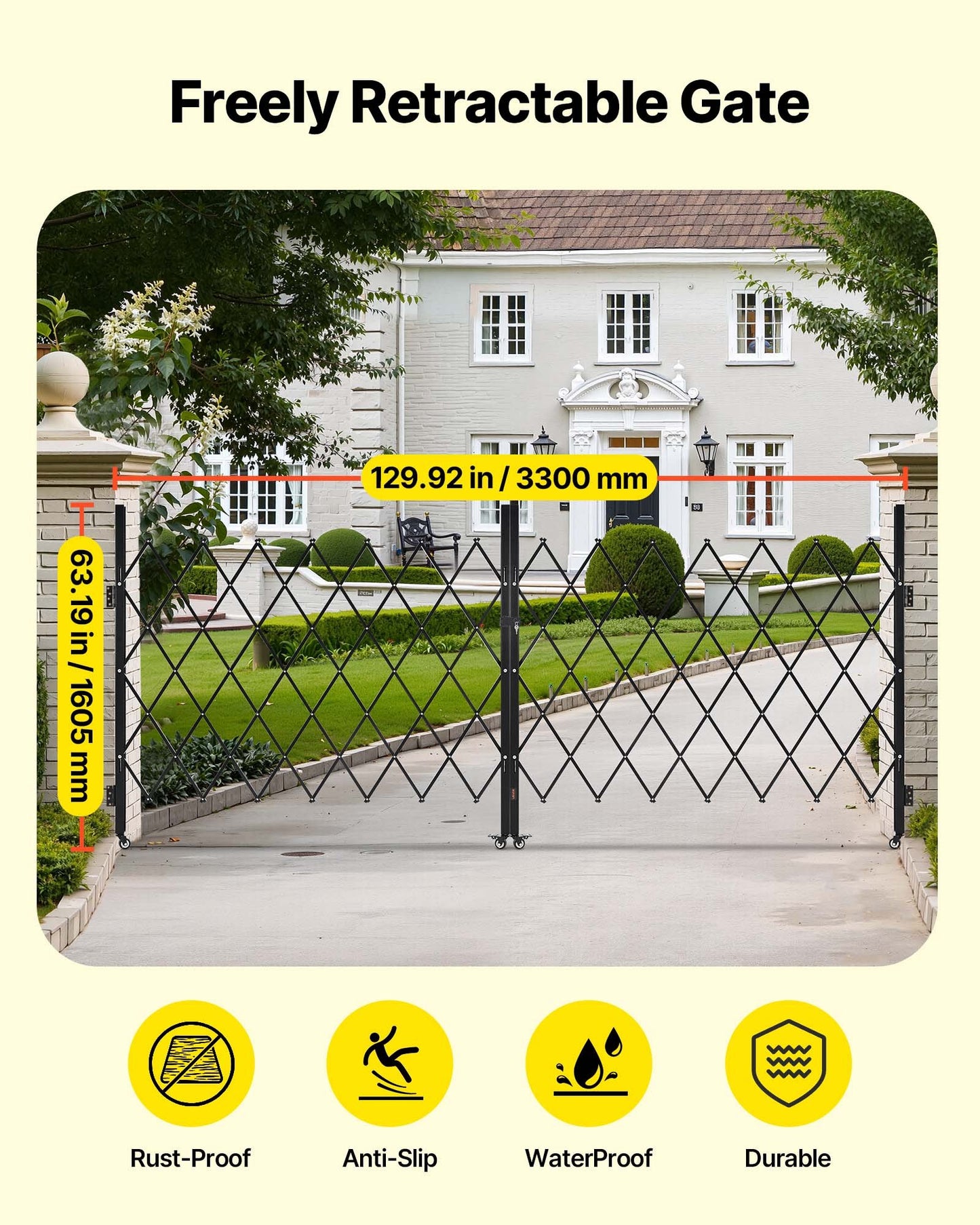 Double Folding Security Gate, Lockable Scissor Gate with 360° Swivel Casters, Outdoor Barricade Steel Retractable Gates, for Entry Security, Garage, Warehouse & Pool, 330 × 160.5 cm (W × H)