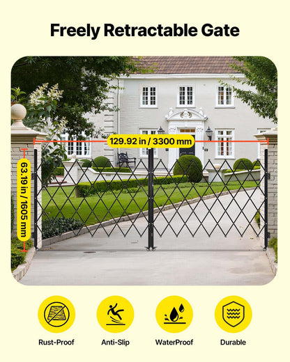 Double Folding Security Gate, Lockable Scissor Gate with 360° Swivel Casters, Outdoor Barricade Steel Retractable Gates, for Entry Security, Garage, Warehouse & Pool, 330 × 160.5 cm (W × H)