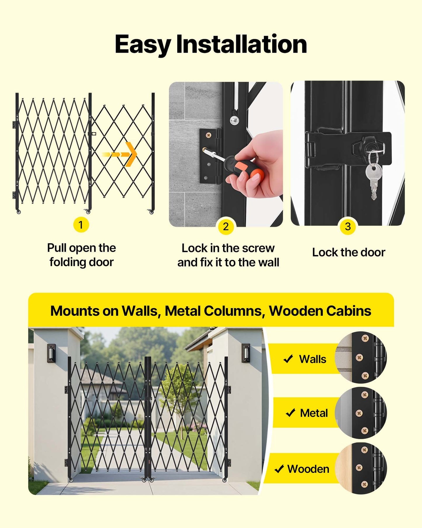 Double Folding Security Gate, Lockable Scissor Gate with 360° Swivel Casters, Outdoor Barricade Steel Retractable Gates, for Entry Security, Garage, Warehouse & Pool, 330 × 160.5 cm (W × H)