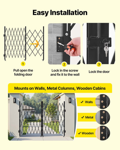 Double Folding Security Gate, Lockable Scissor Gate with 360° Swivel Casters, Outdoor Barricade Steel Retractable Gates, for Entry Security, Garage, Warehouse & Pool, 330 × 160.5 cm (W × H)