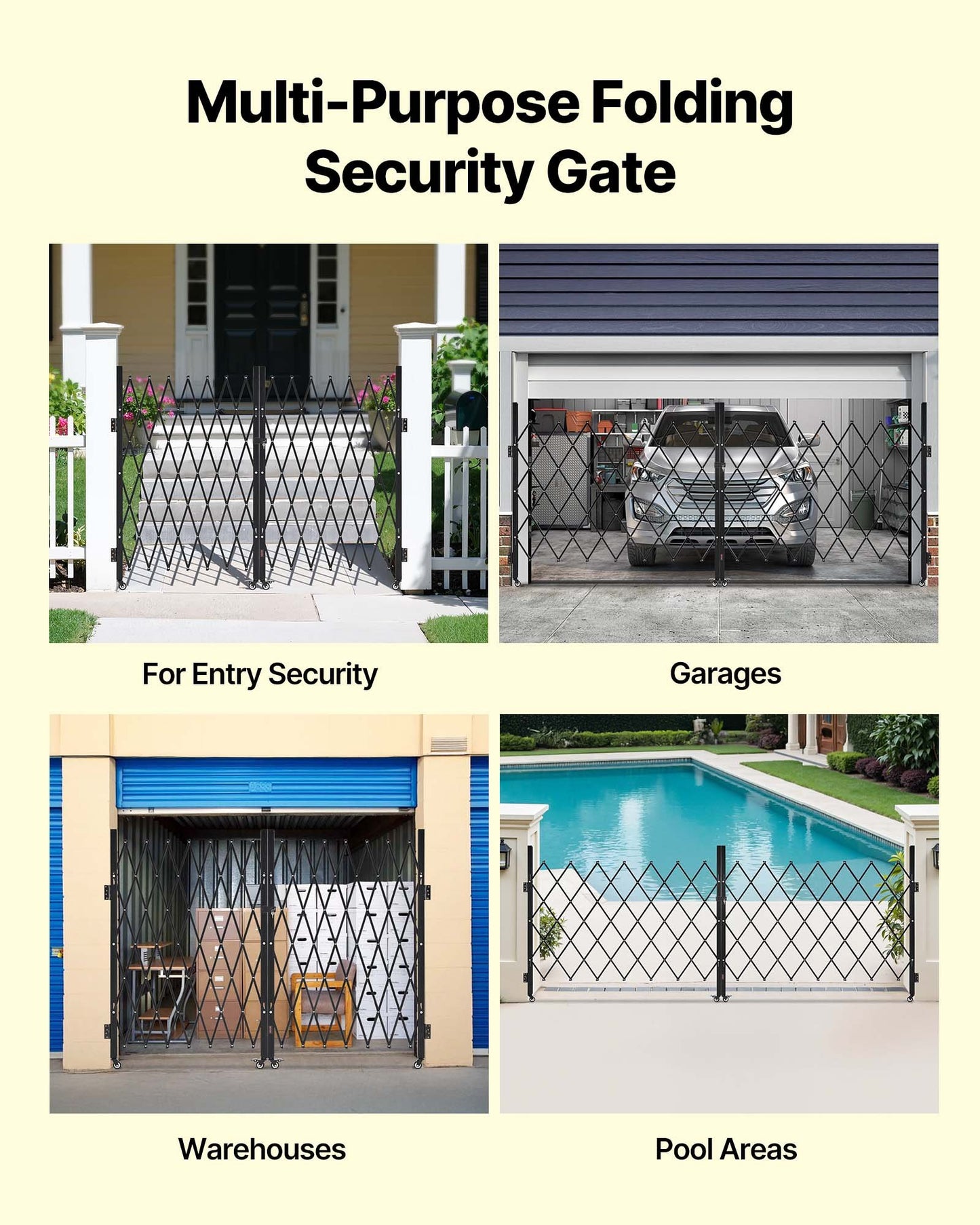 Double Folding Security Gate, Lockable Scissor Gate with 360° Swivel Casters, Outdoor Barricade Steel Retractable Gates, for Entry Security, Garage, Warehouse & Pool, 330 × 160.5 cm (W × H)
