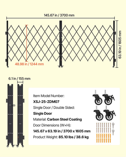 Double Folding Security Gate, Lockable Scissor Gate with 360° Swivel Casters, Outdoor Barricade Steel Retractable Gates, for Entry Security, Garage, Warehouse & Pool, 370 × 160.5 cm (W × H)