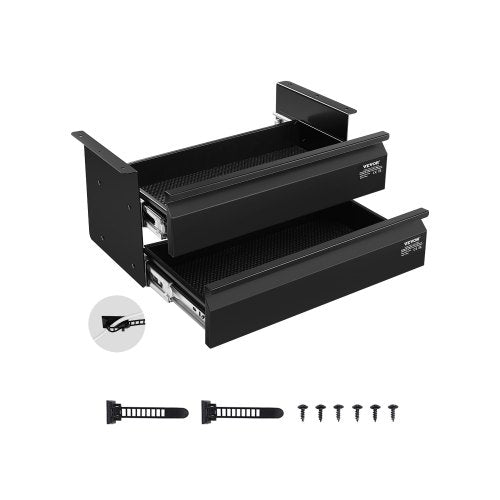 16" Wide Under Desk Drawer Slide Out, Under Desk Mounted Pull-out Drawer Attachment, Hidden Desktop 2 Layer Storage Organizer, Under Table Pencil Drawer for Home Sit Stand Workstation, 18x9x8 in