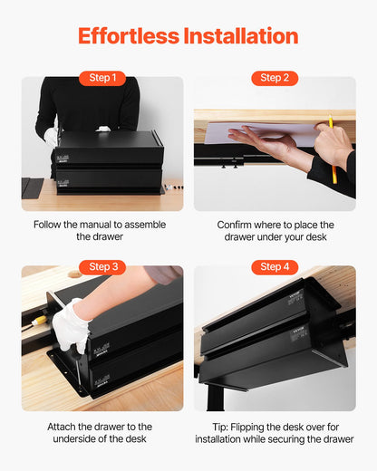 16" Wide Under Desk Drawer Slide Out, Under Desk Mounted Pull-out Drawer Attachment, Hidden Desktop 2 Layer Storage Organizer, Under Table Pencil Drawer for Home Sit Stand Workstation, 18x9x8 in