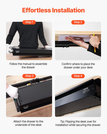 33" Wide Under Desk Drawer Slide Out, Under Desk Mounted Pull-out Drawer Attachment, Hidden Desktop Storage Organizer, Under Table Pencil Drawer for office Home Sit Stand Workstation, 33x9x4 in