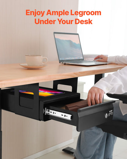 13" Wide Under Desk Drawer Slide Out, Under Desk Mounted Pull-out Drawer Attachment, Hidden Desktop Storage Organizer, Lockable Under Table Pencil Drawer for Sit Stand Workstation, 14x13x7 in