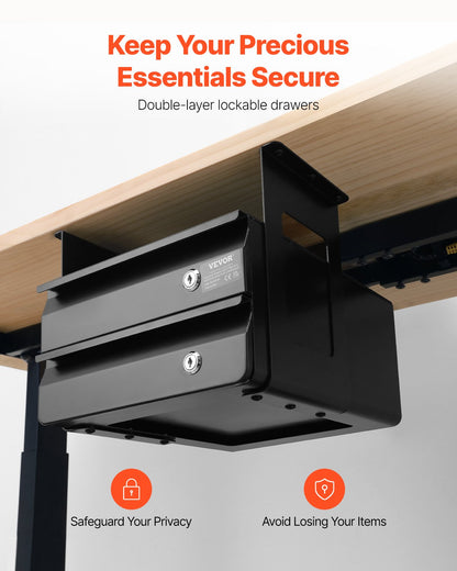 13" bred utdragbar låda under skrivbordet, utdragbar lådfäste för underbordet, dold förvaringsorganisatör i två lager på skrivbordet, låsbar pennlåda undermonterad för sittande och ståande arbetsstation, 14x13x10 tum