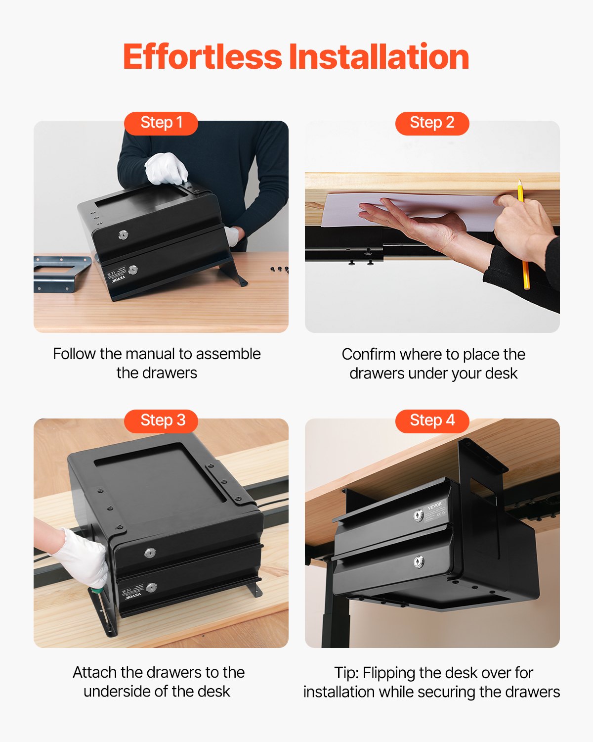 13" bred utdragbar låda under skrivbordet, utdragbar lådfäste för underbordet, dold förvaringsorganisatör i två lager på skrivbordet, låsbar pennlåda undermonterad för sittande och ståande arbetsstation, 14x13x10 tum