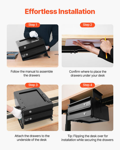13" bred utdragbar låda under skrivbordet, utdragbar lådfäste för underbordet, dold förvaringsorganisatör i två lager på skrivbordet, låsbar pennlåda undermonterad för sittande och ståande arbetsstation, 14x13x10 tum