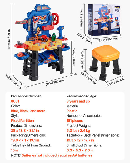 Kids Workbench, 181 pcs, Kids Tool Bench with Realistic Tools and Electric Drill, Pretend Play Construction Workbench Toys for Toddlers, Toddler Work Bench Learning Gift for Boys & Girls Age 3+
