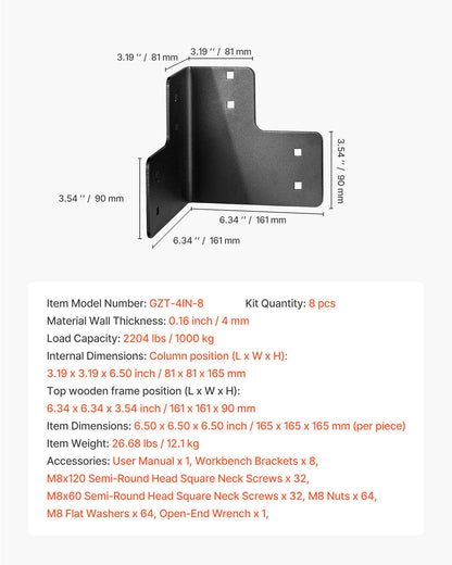 Workbench Corner Bracket Kit, 6.50 x 6.50 x 6.50 inch / 165 x 165 x 165 mm, 2204lbs/1000kg Load Capacity, Heavy Duty Sturdy Steel Angle Brackets with Screws, for Desk Shop Table Platform, 8 Pcs
