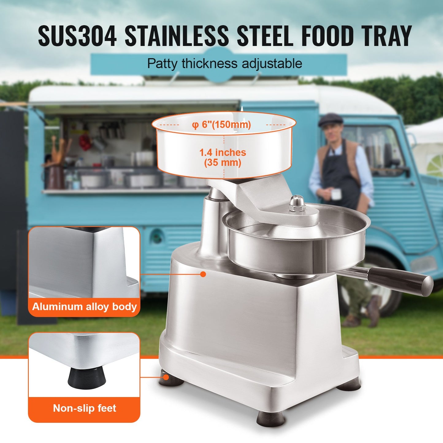 Kommersiell hamburgarpress, 150 mm/6 tum hamburgar- och nötfärspress, kraftig hamburgarpress i rostfritt stål av livsmedelskvalitet, köttformningsmaskin för kök med 1000 st. färsbiffspapper