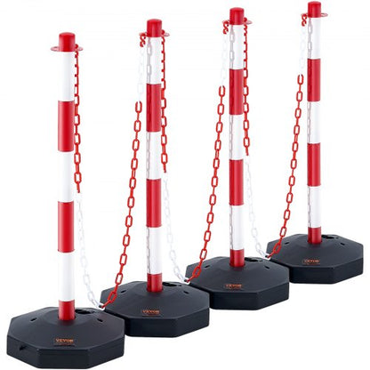 Adjustable Traffic Delineator Post Cones, 4 Pack, Traffic Safety Delineator Barrier with Fillable Base 2.44 m Chain, for Traffic Control Warning Parking Lot Construction Caution Roads, Red & White