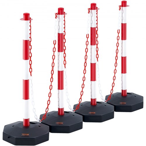 Adjustable Traffic Delineator Post Cones, 4 Pack, Traffic Safety Delineator Barrier with Fillable Base 2.44 m Chain, for Traffic Control Warning Parking Lot Construction Caution Roads, Red & White