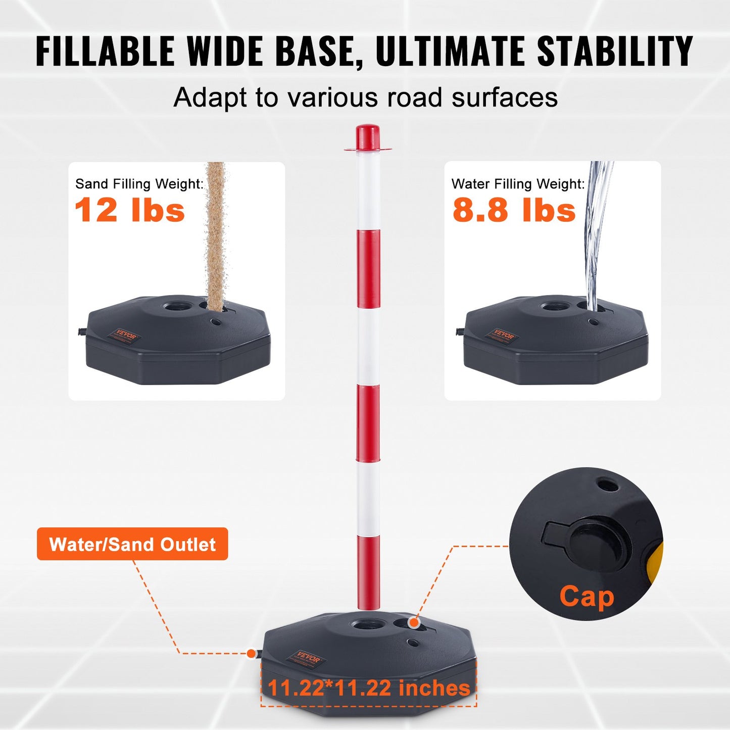 Adjustable Traffic Delineator Post Cones, 4 Pack, Traffic Safety Delineator Barrier with Fillable Base 2.44 m Chain, for Traffic Control Warning Parking Lot Construction Caution Roads, Red & White