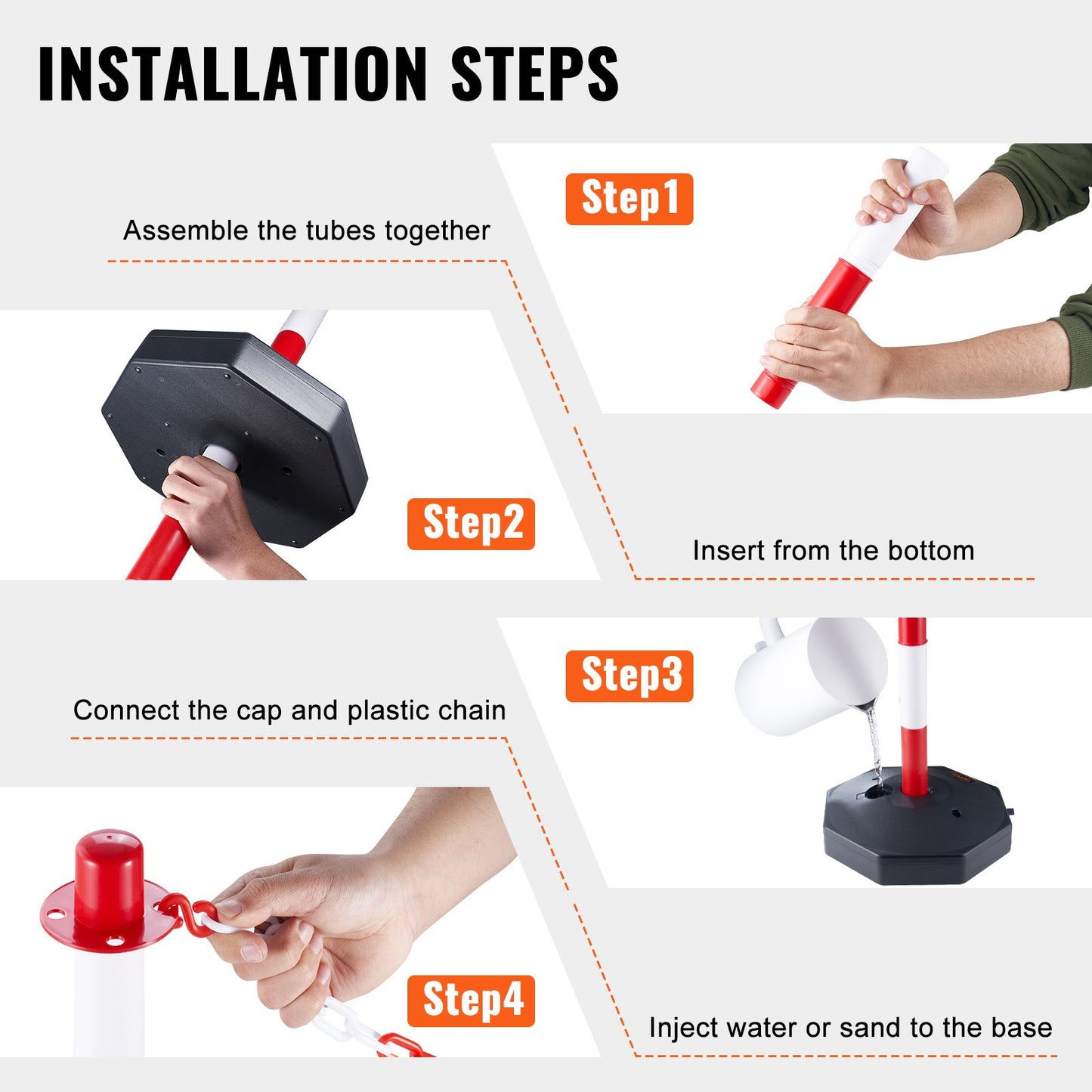 Adjustable Traffic Delineator Post Cones, 4 Pack, Traffic Safety Delineator Barrier with Fillable Base 2.44 m Chain, for Traffic Control Warning Parking Lot Construction Caution Roads, Red & White