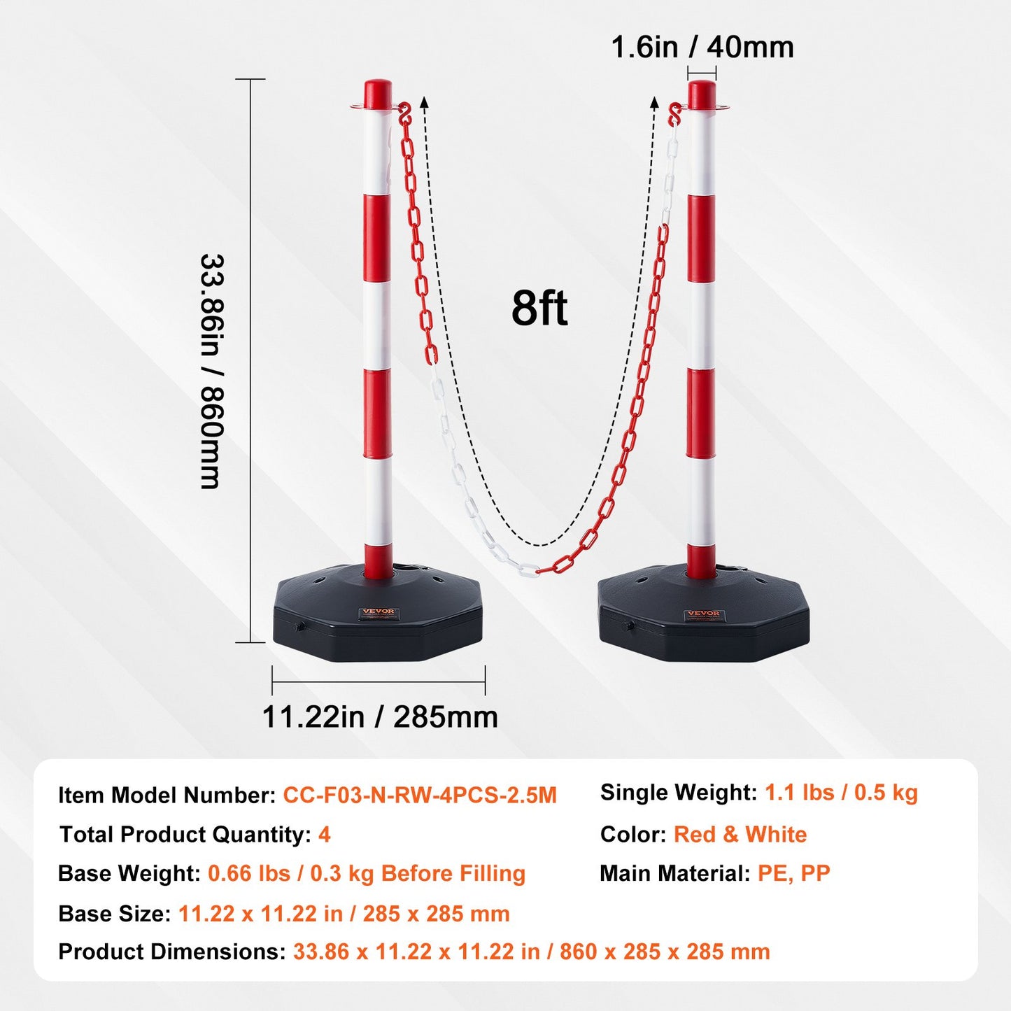 Adjustable Traffic Delineator Post Cones, 4 Pack, Traffic Safety Delineator Barrier with Fillable Base 2.44 m Chain, for Traffic Control Warning Parking Lot Construction Caution Roads, Red & White