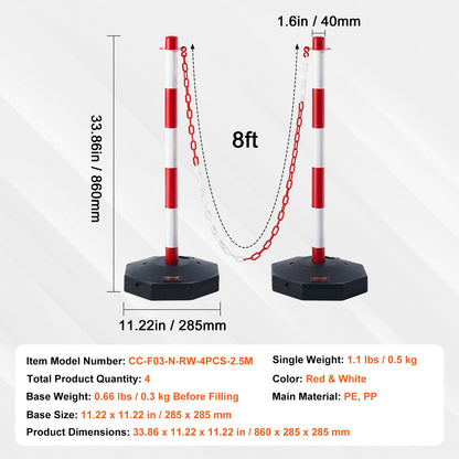 Adjustable Traffic Delineator Post Cones, 4 Pack, Traffic Safety Delineator Barrier with Fillable Base 2.44 m Chain, for Traffic Control Warning Parking Lot Construction Caution Roads, Red & White