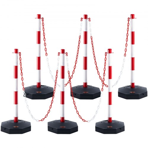 Adjustable Traffic Delineator Post Cones, 6 Pack, Traffic Safety Delineator Barrier with Fillable Base 2 m Chain, for Traffic Control Warning Parking Lot Construction Caution Roads, Red & White