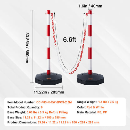 Adjustable Traffic Delineator Post Cones, 6 Pack, Traffic Safety Delineator Barrier with Fillable Base 2 m Chain, for Traffic Control Warning Parking Lot Construction Caution Roads, Red & White