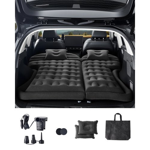 Car Air Mattress, Inflatable Car Camping Mattress, Flocking Thickened Travel Beds, Durable Portable Sleeping Pad with Air Pump, 2 Pillows, Nozzle, Carry Bag, Fits Most SUV MPV Sedan, Black