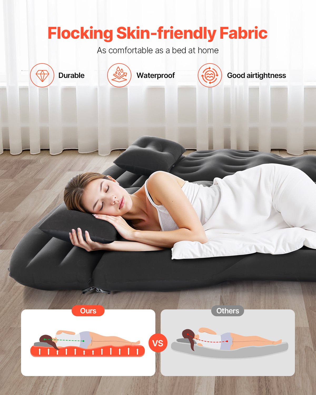 Car Air Mattress, Inflatable Car Camping Mattress, Flocking Thickened Travel Beds, Durable Portable Sleeping Pad with Air Pump, 2 Pillows, Nozzle, Carry Bag, Fits Most SUV MPV Sedan, Black