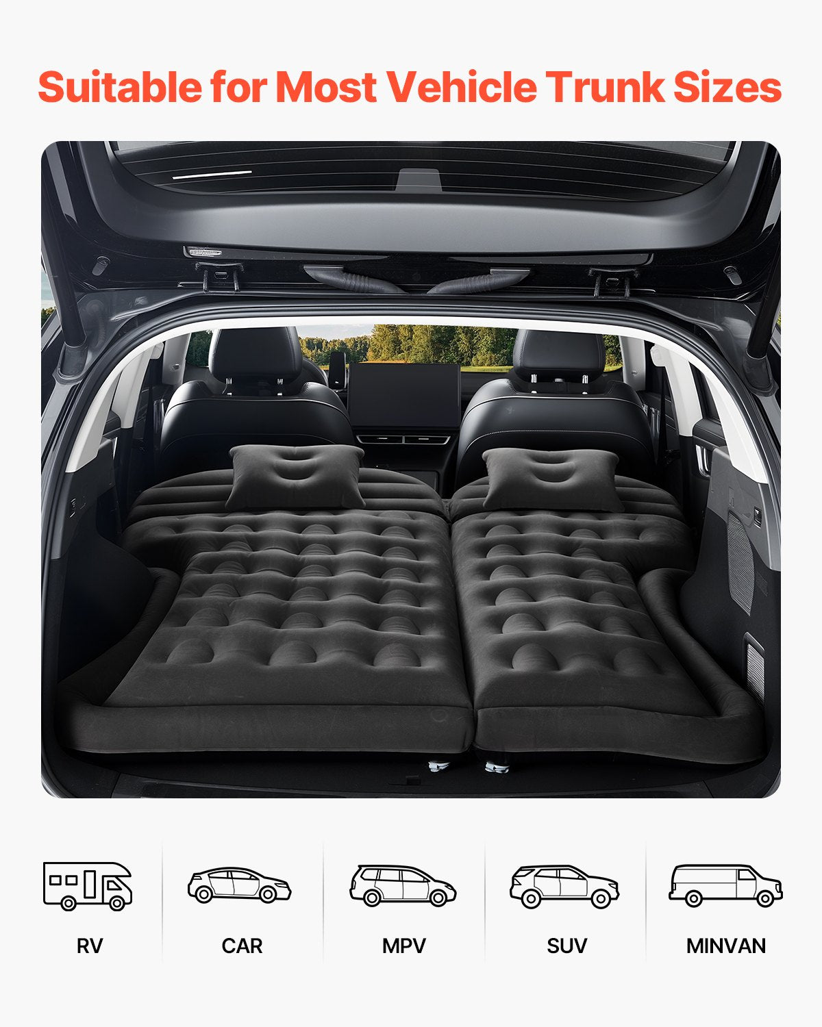 Car Air Mattress, Inflatable Car Camping Mattress, Flocking Thickened Travel Beds, Durable Portable Sleeping Pad with Air Pump, 2 Pillows, Nozzle, Carry Bag, Fits Most SUV MPV Sedan, Black