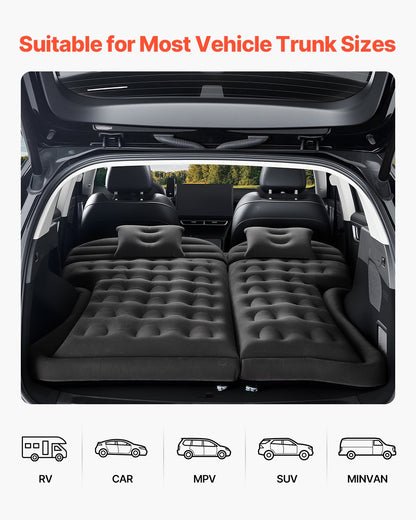 Car Air Mattress, Inflatable Car Camping Mattress, Flocking Thickened Travel Beds, Durable Portable Sleeping Pad with Air Pump, 2 Pillows, Nozzle, Carry Bag, Fits Most SUV MPV Sedan, Black