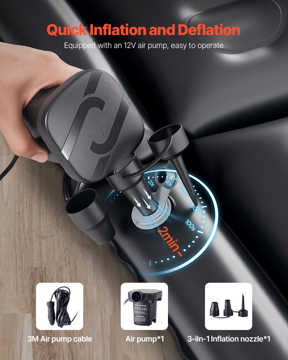 Car Air Mattress, Inflatable Car Camping Mattress, Flocking Thickened Travel Beds, Durable Portable Sleeping Pad with Air Pump, 2 Pillows, Nozzle, Carry Bag, Fits Most SUV MPV Sedan, Black