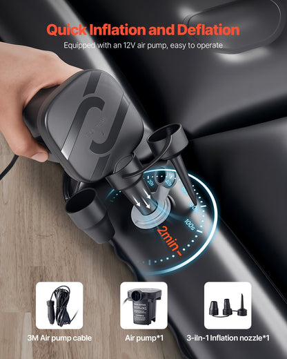 Car Air Mattress, Inflatable Car Camping Mattress, Flocking Thickened Travel Beds, Durable Portable Sleeping Pad with Air Pump, 2 Pillows, Nozzle, Carry Bag, Fits Most SUV MPV Sedan, Black