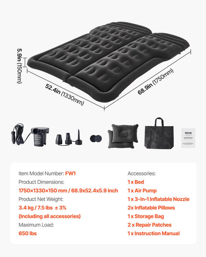 Car Air Mattress, Inflatable Car Camping Mattress, Flocking Thickened Travel Beds, Durable Portable Sleeping Pad with Air Pump, 2 Pillows, Nozzle, Carry Bag, Fits Most SUV MPV Sedan, Black