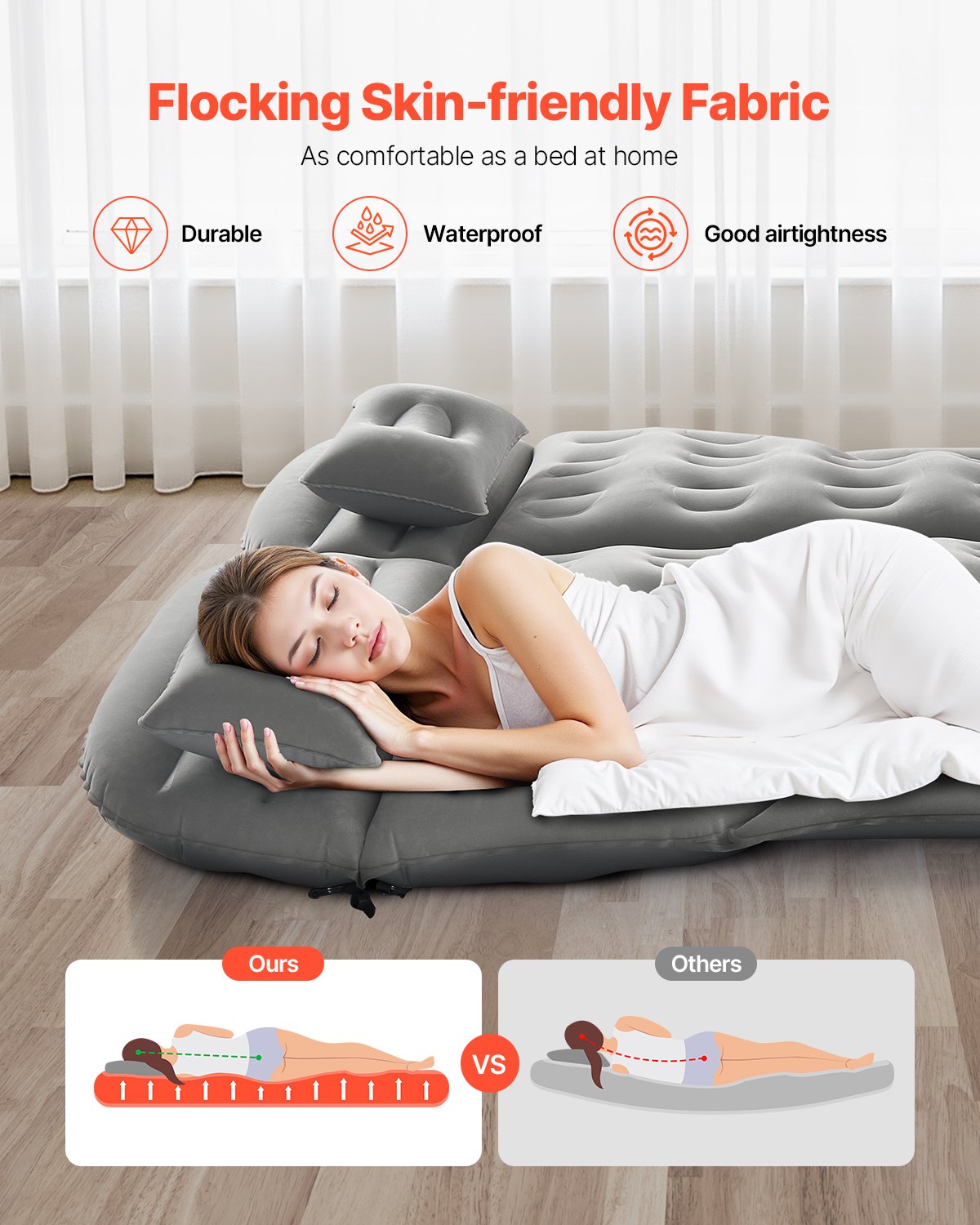 Car Air Mattress, Inflatable Car Camping Mattress, Flocking Thickened Travel Beds, Comfortable and Durable Portable Sleeping Pad with Air Pump, Nozzle, Carry Bag, Fits Most SUV MPV Sedan, Gray