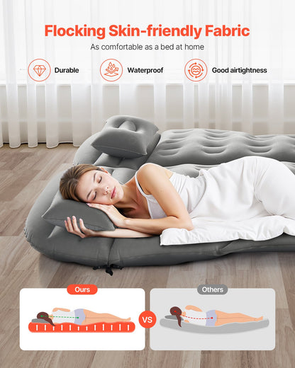 Car Air Mattress, Inflatable Car Camping Mattress, Flocking Thickened Travel Beds, Comfortable and Durable Portable Sleeping Pad with Air Pump, Nozzle, Carry Bag, Fits Most SUV MPV Sedan, Gray