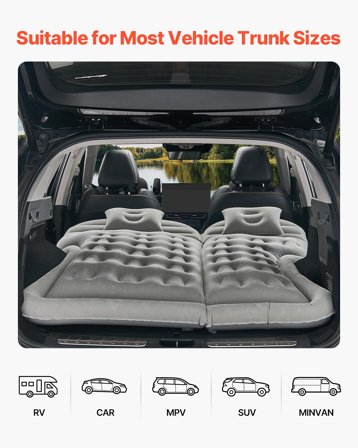 Car Air Mattress, Inflatable Car Camping Mattress, Flocking Thickened Travel Beds, Comfortable and Durable Portable Sleeping Pad with Air Pump, Nozzle, Carry Bag, Fits Most SUV MPV Sedan, Gray