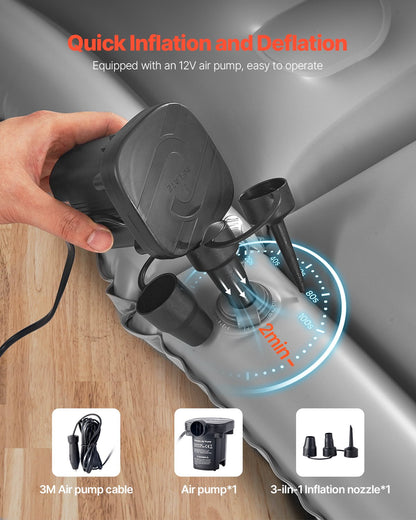 Car Air Mattress, Inflatable Car Camping Mattress, Flocking Thickened Travel Beds, Comfortable and Durable Portable Sleeping Pad with Air Pump, Nozzle, Carry Bag, Fits Most SUV MPV Sedan, Gray