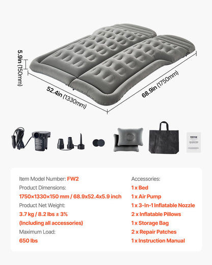 Car Air Mattress, Inflatable Car Camping Mattress, Flocking Thickened Travel Beds, Comfortable and Durable Portable Sleeping Pad with Air Pump, Nozzle, Carry Bag, Fits Most SUV MPV Sedan, Gray